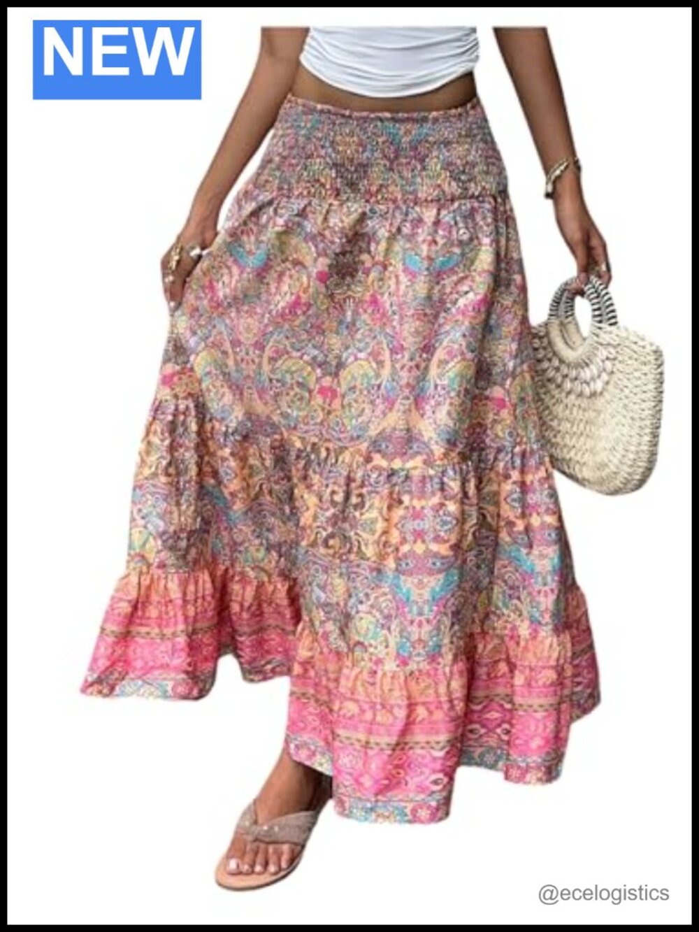 Boho Paisley Print Maxi Skirt Smocked Tiered A-Line Flowy